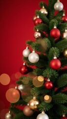 A Christmas tree adorned with an ornament amidst bokeh lights against a red backdrop