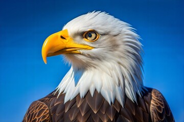 Obraz premium Close-up portrait of bald eagle with focus on beak and eyes against blue sky