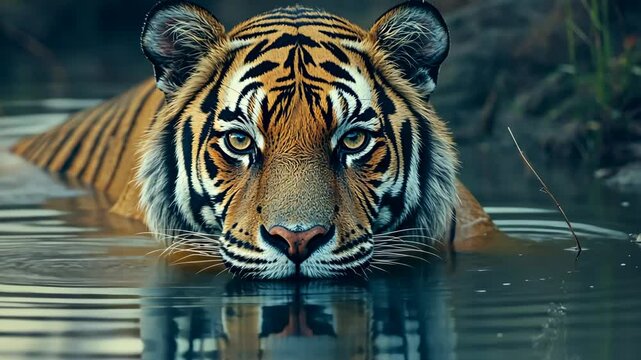 A tiger stares intently at the camera while submerged in a pool of water