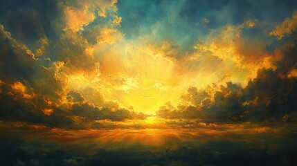 Fototapeta premium Golden Sunset Sky with Sun Rays and Dramatic Clouds