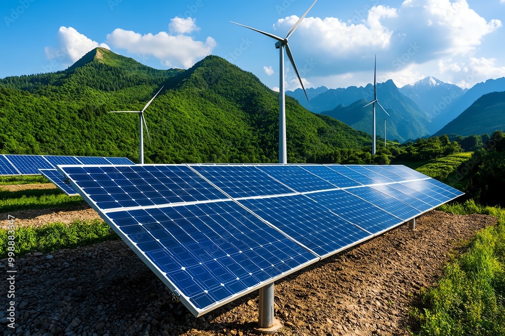 Poster Futuristic energy control system for a renewable energy grid, where AI monitors solar, wind, and hydro power output in real-time