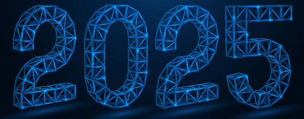 Constructions in the form of numbers 2025. Polygonal design of interconnected lines and dots. Blue background.