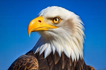 Obraz premium Close-up portrait of bald eagle with focus on beak and eye against blue sky