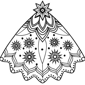 recommend clip art: An outline of a decorative tree skirt with patterns or designs like snowflakes or stars line art vector