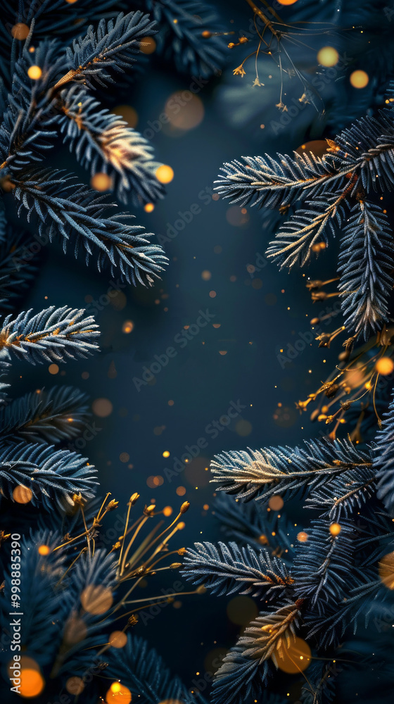 Poster A blue background with a tree branch and some snow on it