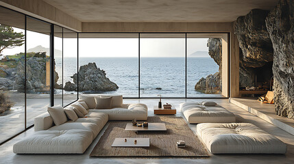 Fototapeta premium A minimalist living room with large glass windows showcasing a serene ocean view and natural rock formations.