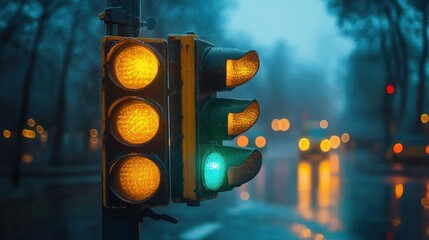 Traffic lights outdoors in early morning with green light, View to the traffic with trafficlights and transport.