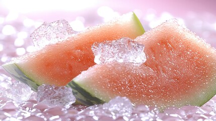Fototapeta premium Two watermelon slices rest on an ice cube stack on a table