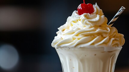 A classic vanilla milkshake topped with whipped cream and a cherry