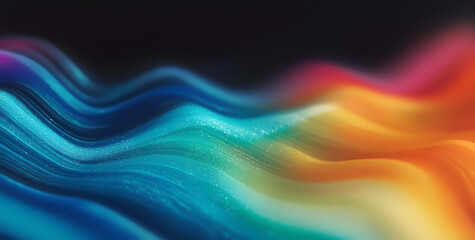 Obraz premium Vibrant rainbow, orange blue teal white psychedelic grainy gradient color flow wave on black background, music cover dance party poster design. Retro Colors from the 1970s 1980s, 70s, 80s, 90s style