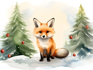 Fototapeta premium Watercolor illustration of a cute fox with a red Christmas hat and Christmas tree