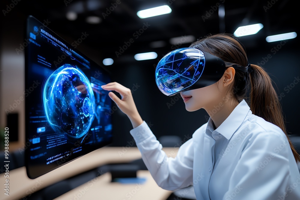 Poster Futuristic online research tools, where users interact with 3D holographic interfaces to access information and enhance their digital literacy in an ultra-modern classroom