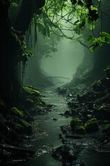 Naklejka premium A serene stream flows quietly through a dense forest, surrounded by vibrant greenery and mist