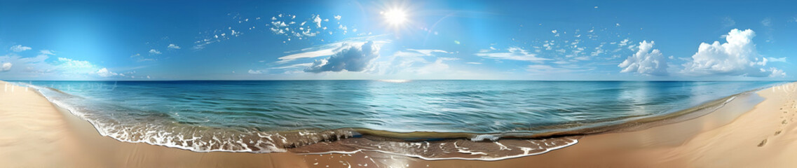 Beautiful beach with clear blue water and sky, panoramic view. The sandy shore is empty