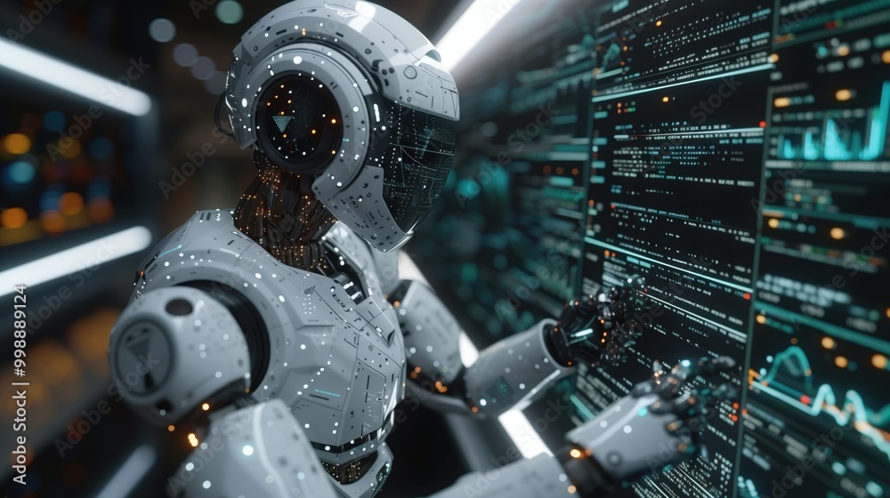 Poster a futuristic robot performing indepth data analysis in a cuttingedge hightech environment