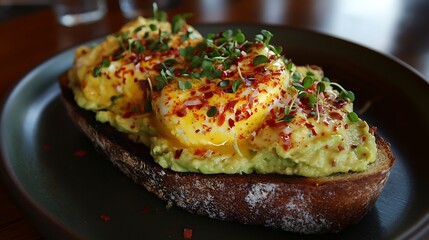 A creamy avocado and egg toast sprinkled with chili flakes and microgreens