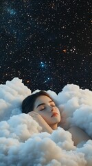 A girl sleeping in the clouds, surrounded by stars, creating an atmosphere of tranquility and dreams