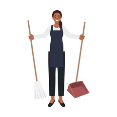 Woman with broom, sweeping lady. Flat vector illustration isolated on white background