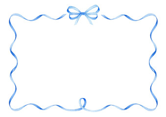 Blue ribbon bow frame, hand drawn watercolor illustration isolated on white background. Horizontal template for greeting card or wedding invitation	