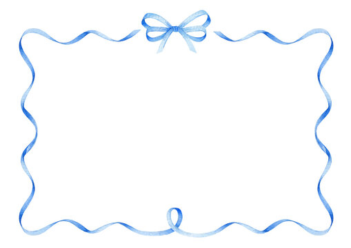 Blue ribbon bow frame, hand drawn watercolor illustration isolated on white background. Horizontal template for greeting card or wedding invitation	