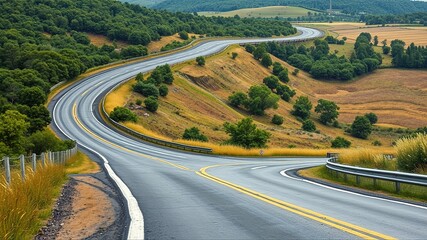 A curved asphalt road connects a busy highway to a tranquil rural landscape, blending seamlessly with the surrounding terrain through subtle grading and gentle curves.