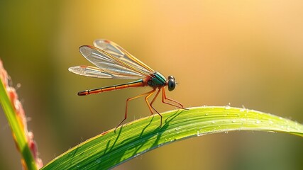 A delicate, fragile mayfly perches on a verdant blade of grass, its iridescent wings shimmering in the soft morning light, capturing the fleeting nature of life.