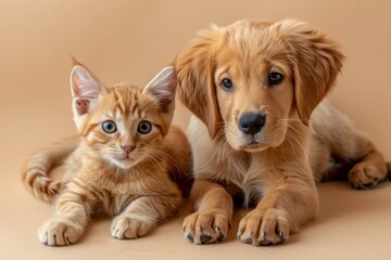 Charming red dog and cat posing for the camera against a light beige backdrop in ad photo