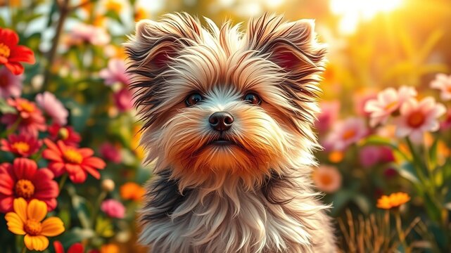 A fluffy, playfully posing full-grown morkie with a soft, curly coat and adorable facial features, amidst a warm, sun-drenched background filled with lush greenery and colorful flowers.