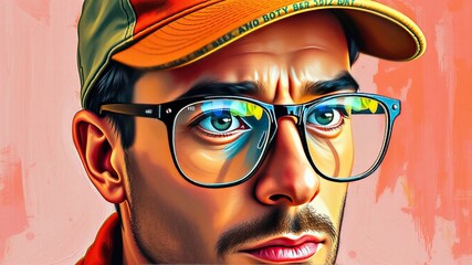 A laid-back, casual accessory ensemble featuring a worn-in baseball cap with a soft, rounded brim and a pair of sleek, rectangular glasses with slender frames and rounded lenses.