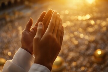 Hands Raised In Prayer At Sunset During Sacred Pilgrimage Reflecting Devotion And Faith