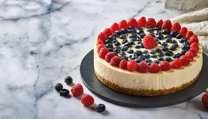 Cheesecake with berries on a marble background