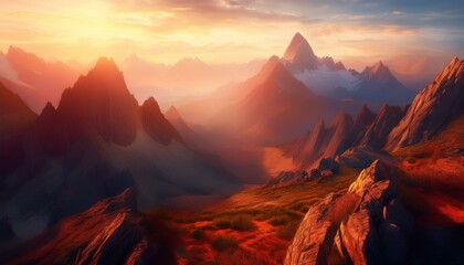 Obraz premium majestic mountain landscape, sense of grandeur and power, misty warm sunrise, light of the setting sun casts a soft warm hue over the red weighty rocks