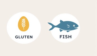 Minimalist food icons for fish,  and gluten, designed for dietary awareness and educational purposes. Ideal for health-related content and food labeling.