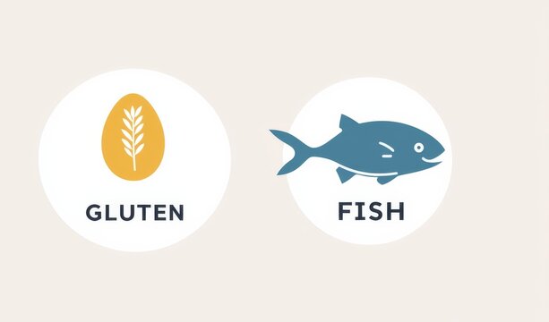 Minimalist food icons for fish,  and gluten, designed for dietary awareness and educational purposes. Ideal for health-related content and food labeling.