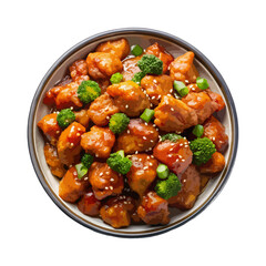 top view of chinese food General Tsos Chicken isolated on a white transparent background