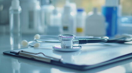 A detailed close up of stethoscope resting on clipboard in medical setting, surrounded by various medical supplies. This image conveys sense of professionalism and care in healthcare - Powered by Adobe