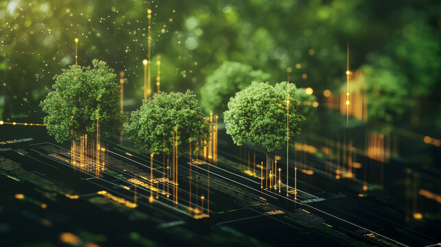 Digital visualization of carbon offset credits featuring trees and data elements, symbolizing environmental sustainability and technology