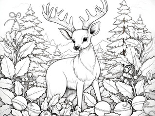 Christmas themed coloring book page with a cute animal