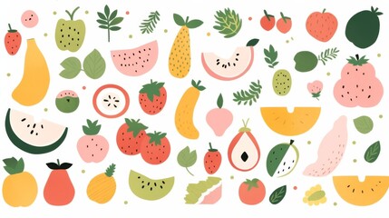 fruits and vegetables in simple shapes and pastel colors on a white background, featuring cartoonish fruit characters and farm tools