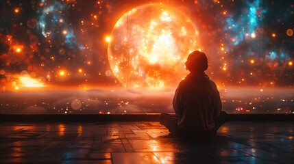 The theme of contemplation within a grand cosmic symphony evokes a profound sense of wonder