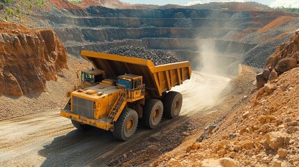 Dump truck fleet in a stone and rock transport mine, A fleet of heavy-duty trucks operates in a mining site.
