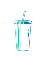 Fast food plastic cup with straw. Hot or cold drink. Original vector illustration in vintage style.