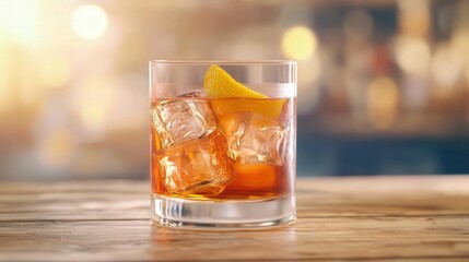 Glass of whiskey on ice at bar