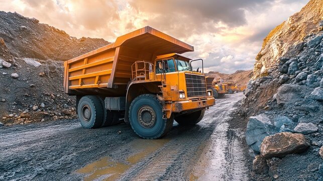 Dump truck fleet in a stone and rock transport mine, A fleet of heavy-duty trucks operates in a mining site.