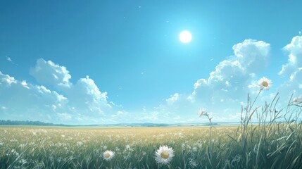 Sunny Day in a Field of Daisies with a Blue Sky and Clouds