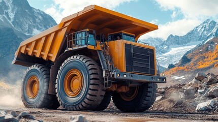 Dump truck fleet in a stone and rock transport mine, A fleet of heavy-duty trucks operates in a mining site.