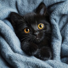   Black kitten on blue blanket under blue blanket