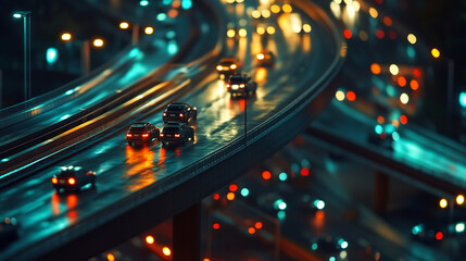 Obraz premium Cars drive on an elevated highway at night, reflecting city lights on the wet road, creating a vibrant urban scene.