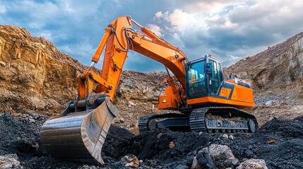 industrial hydraulic excavator on construction, Excavator with hydraulic hammer breaking rocks at a construction site .