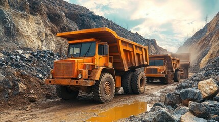 Dump truck fleet in a stone and rock transport mine, A fleet of heavy-duty trucks operates in a mining site.